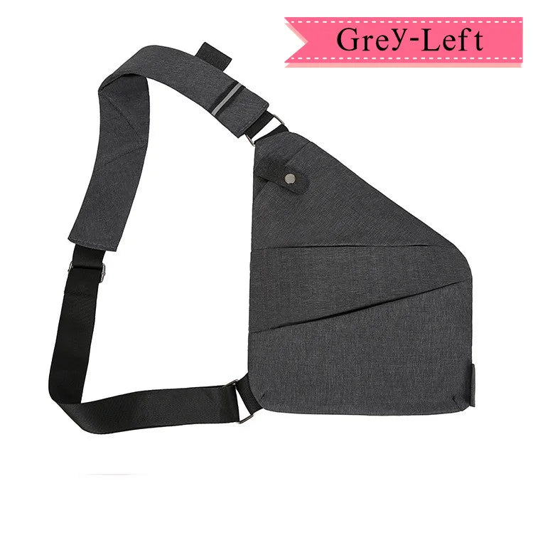 Grey left anti-theft crossbody chest bag for men, shown from the side.