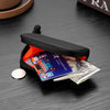 A black RFID zipper wallet is shown open, revealing various cards and cash on a dark wooden surface.