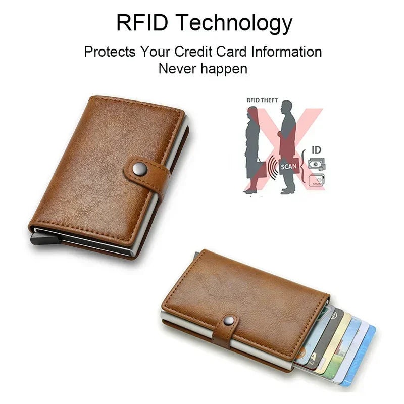 Portefeuille mince marron avec une carte, à côté d'une explication sur la protection RFID des cartes de crédit.