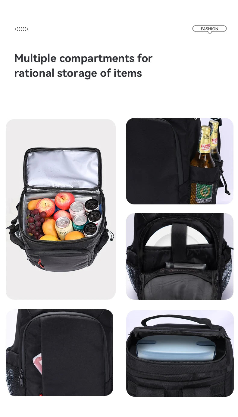 Black insulated backpack with multiple compartments for rational storage of items