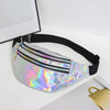 A silver holographic sequin waist bag with a black adjustable strap is displayed on a white surface.