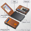 A brown slim card wallet with a magnetic closure, featuring a trigger for ejecting cards and a thumb hole design.