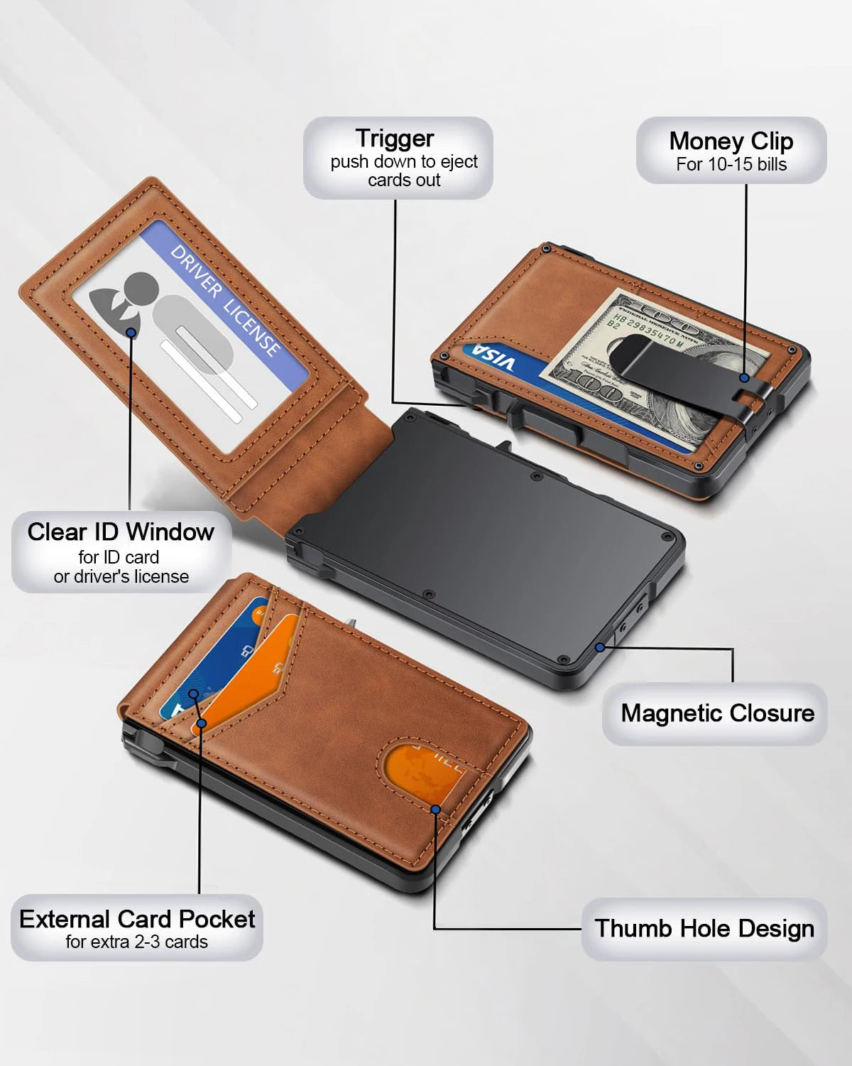 A brown slim card wallet with a magnetic closure, featuring a trigger for ejecting cards and a thumb hole design.