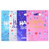 A set of ten colorful birthday party gift bags featuring stars and confetti designs.