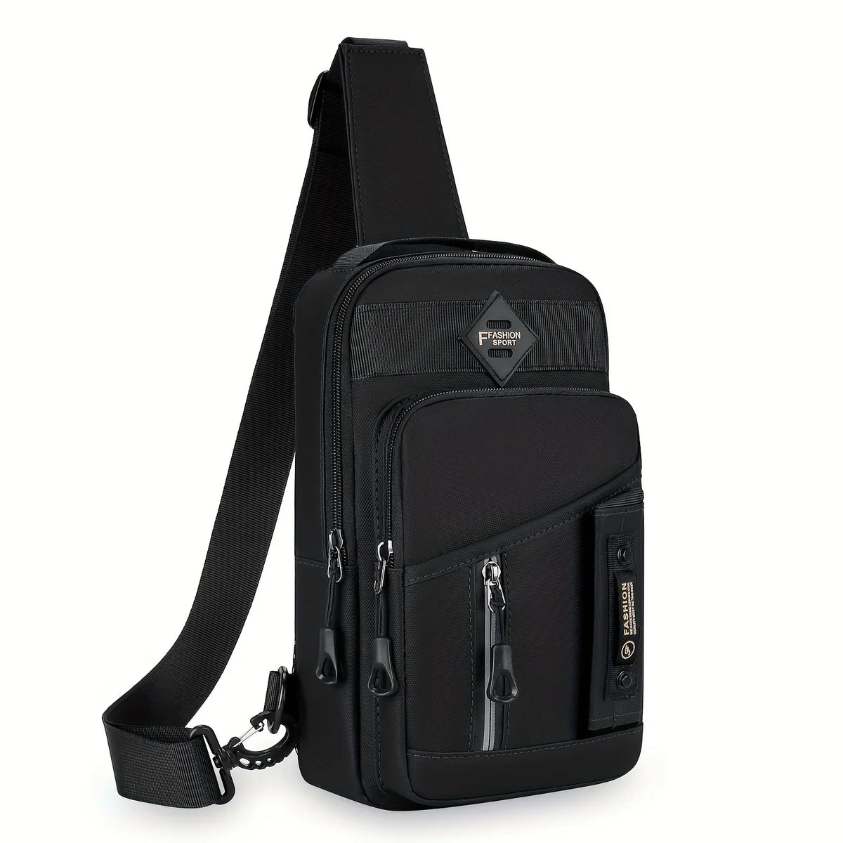 Black adjustable crossbody sling bag with a strap and multiple pockets