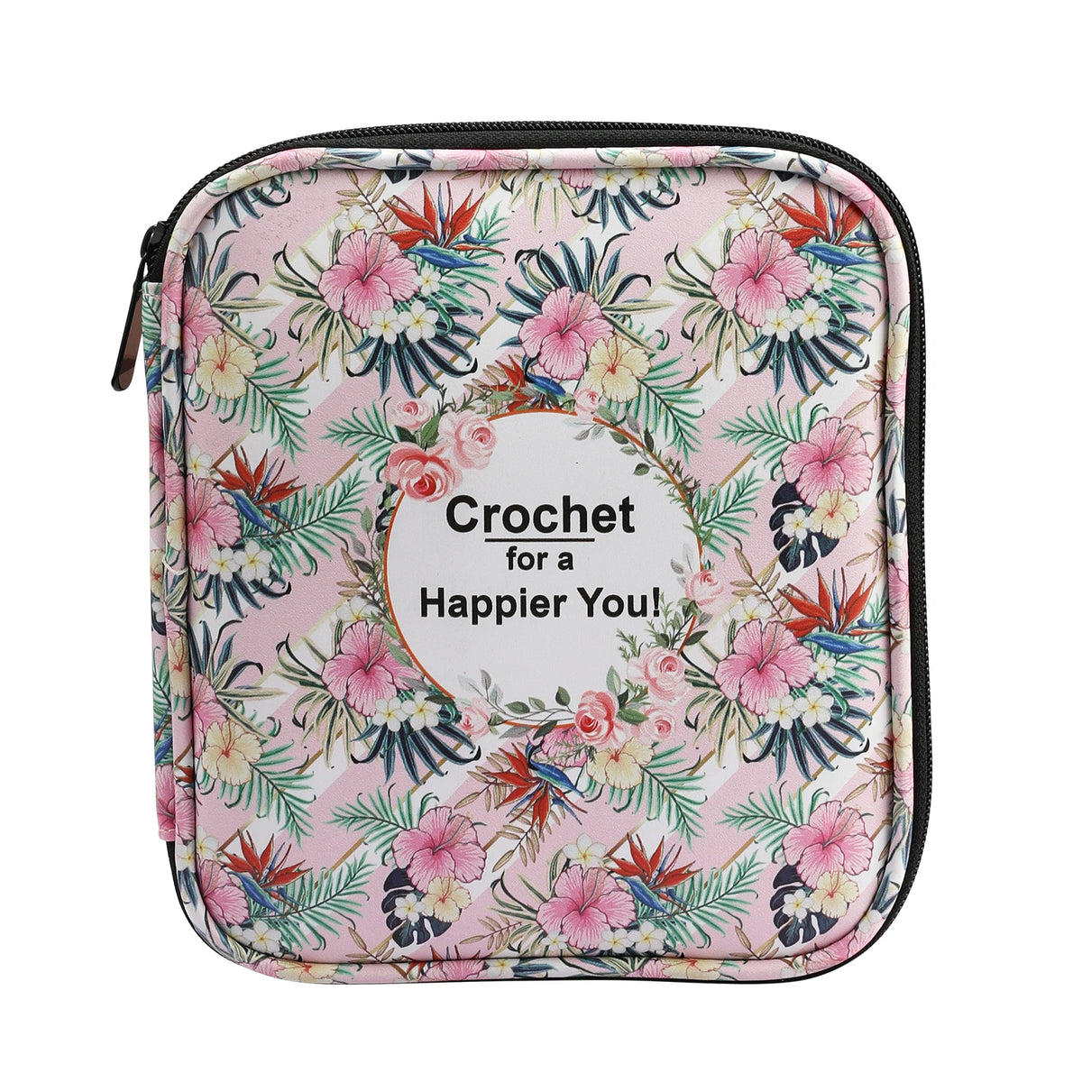 A pink floral patterned storage bag for a crochet hook and sewing accessories.