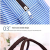 Close-up of a blue and white striped thermal lunch bag showing a high-quality zipper and a brown carrying handle.