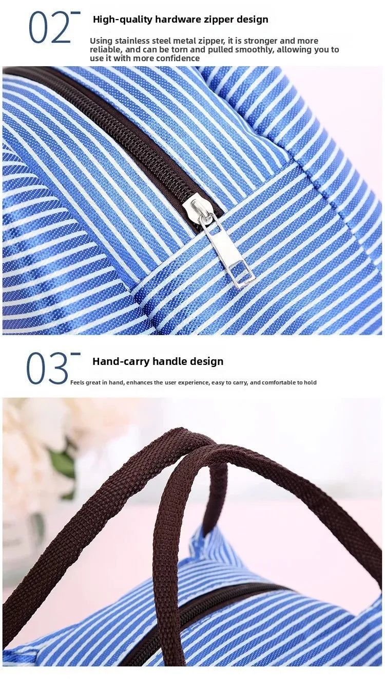 Close-up of a blue and white striped thermal lunch bag showing a high-quality zipper and a brown carrying handle.