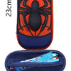 A dark blue fashion kids backpack with an orange and black spider design and an interior pencil case.