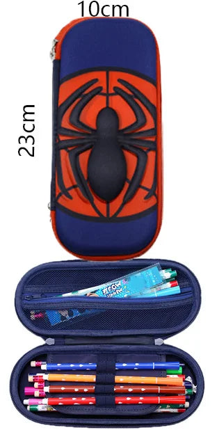 A dark blue fashion kids backpack with an orange and black spider design and an interior pencil case.