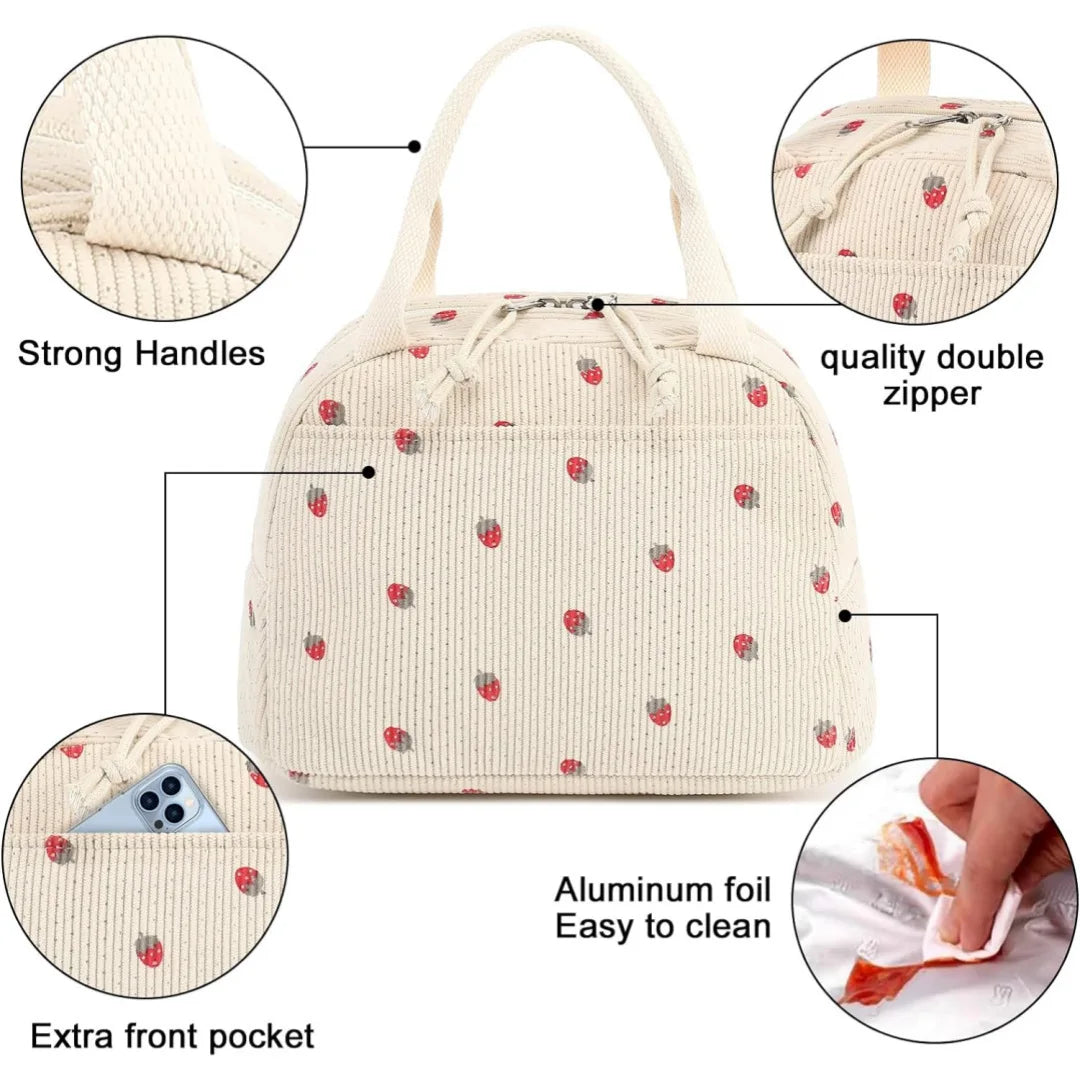 A beige corduroy lunch bag with strong handles, a double zipper, and an extra front pocket.
