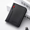 A black ultra-thin PU leather credit card wallet is shown resting on a white surface.