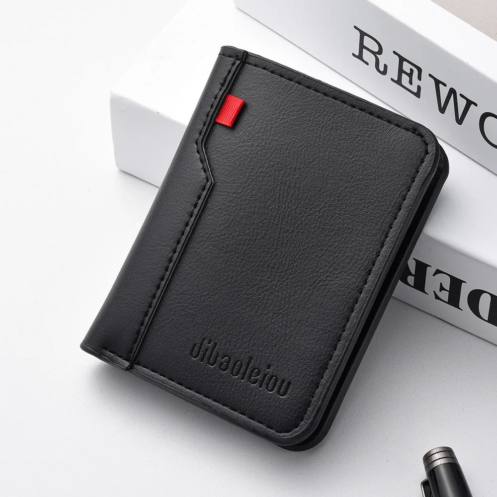 A black ultra-thin PU leather credit card wallet is shown resting on a white surface.