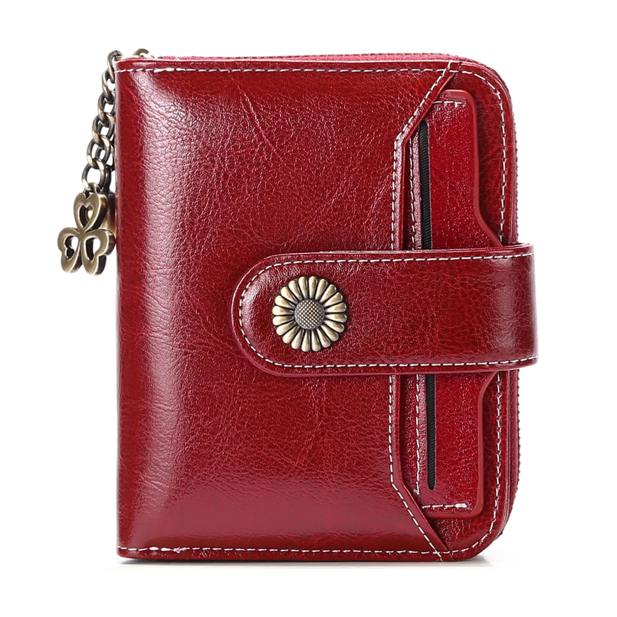 A deep red leather wallet with a brass clasp and card slots shown from the front.