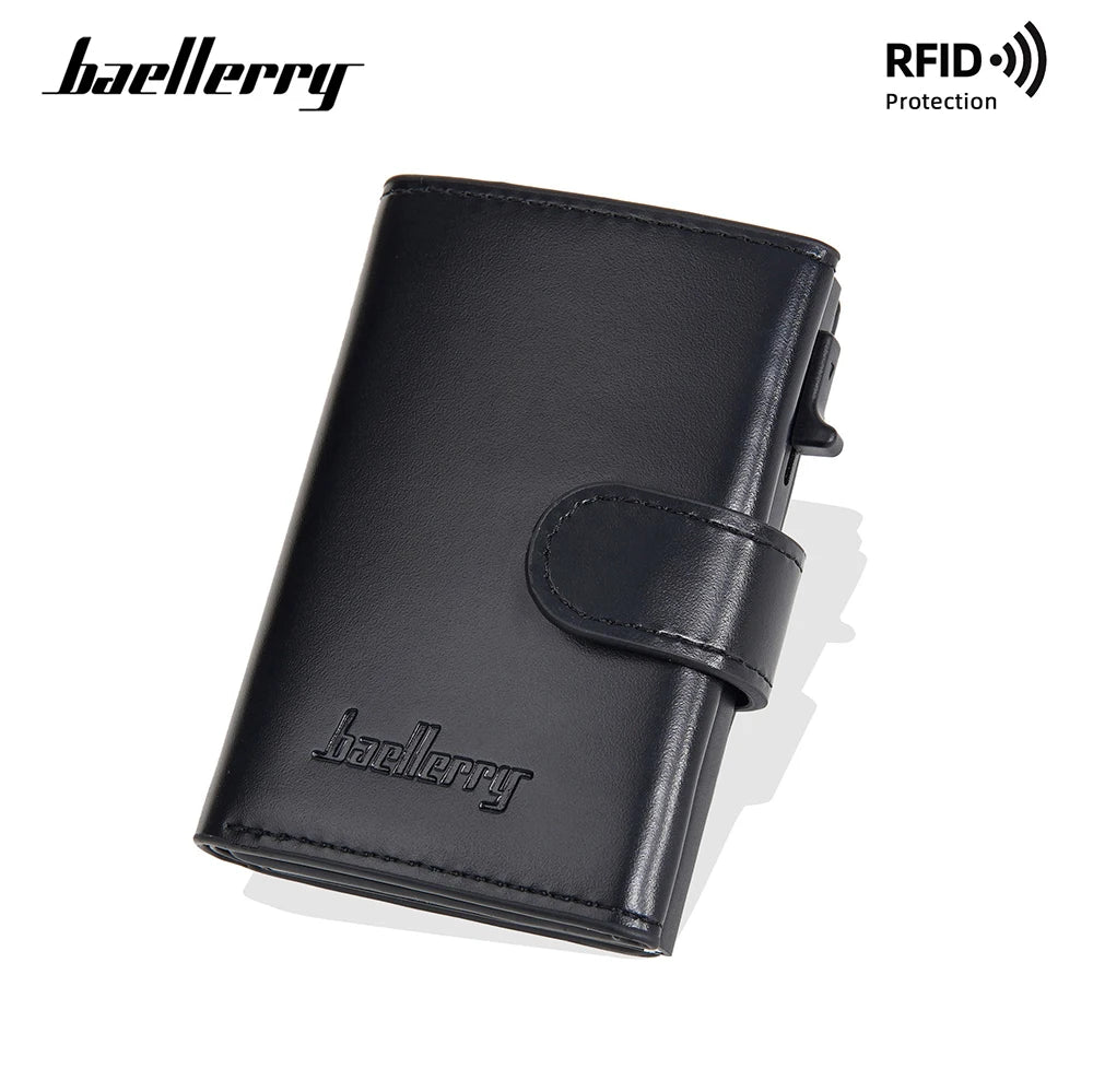 Black leather card holder with auto pop-up slide feature for men