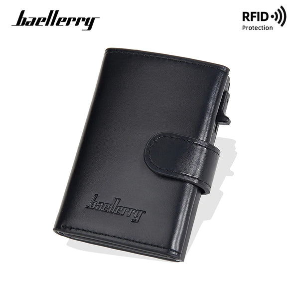 Black leather card holder with auto pop-up slide feature for men
