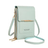 A mint green RFID-protected touch screen crossbody bag with a gold chain and leather strap.