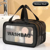 A black double-layer clear and dry wash bag with a transparent window is shown on a white surface.
