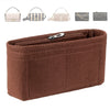 A brown felt insert bag organizer showing various handbag shapes and sizes.