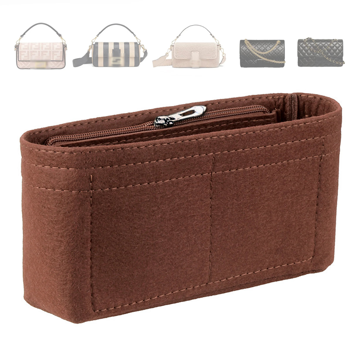 A brown felt insert bag organizer showing various handbag shapes and sizes.