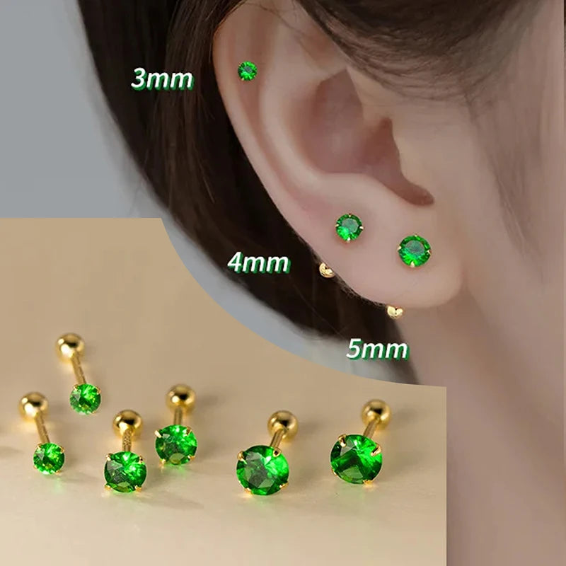 A set of stainless steel ear stud earrings in various sizes, including 3mm, 4mm, and 5mm studs.
