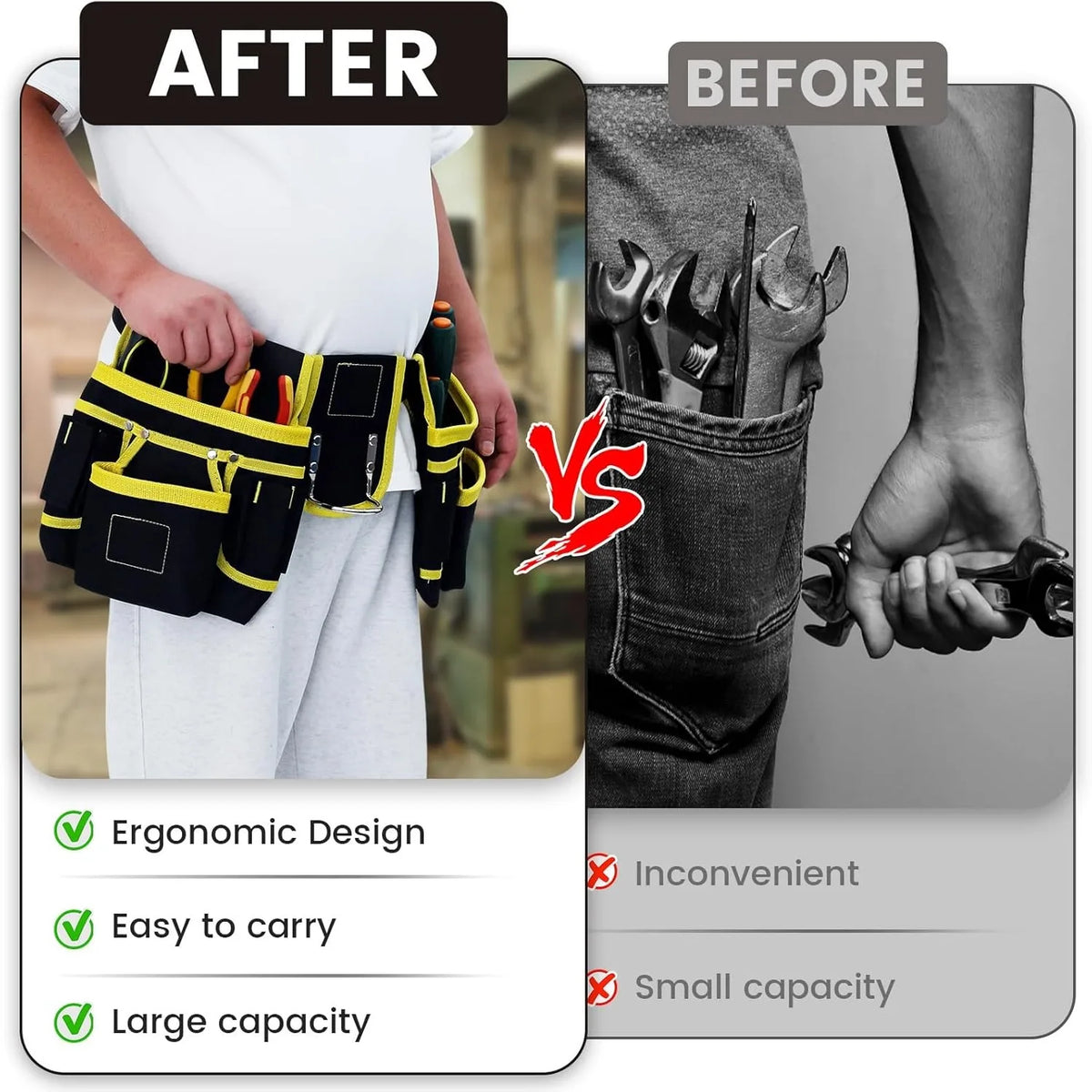 Comparación mostrando una bolsa de herramientas ergonómica para cinturón después y antes de usar.