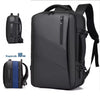 A black expandable travel backpack shown with a separate blue accessory and strap.