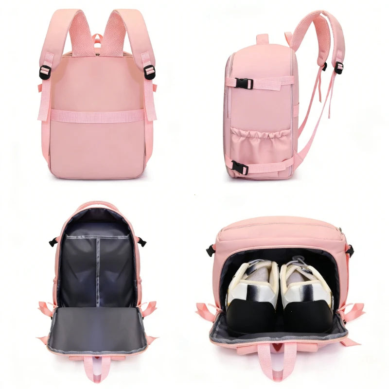 A pink compact travel backpack shown from the back and open, featuring a padded interior and straps.