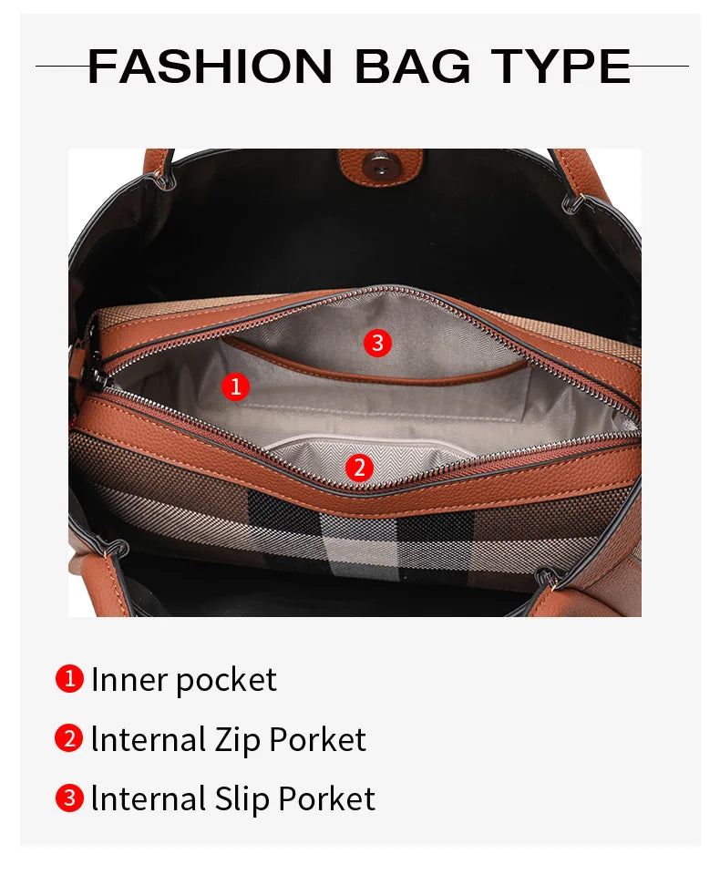 Innenansicht einer braunen karierten Ledertasche mit drei Innentaschen: einer inneren Tasche, einem Reißverschlussfach und ei