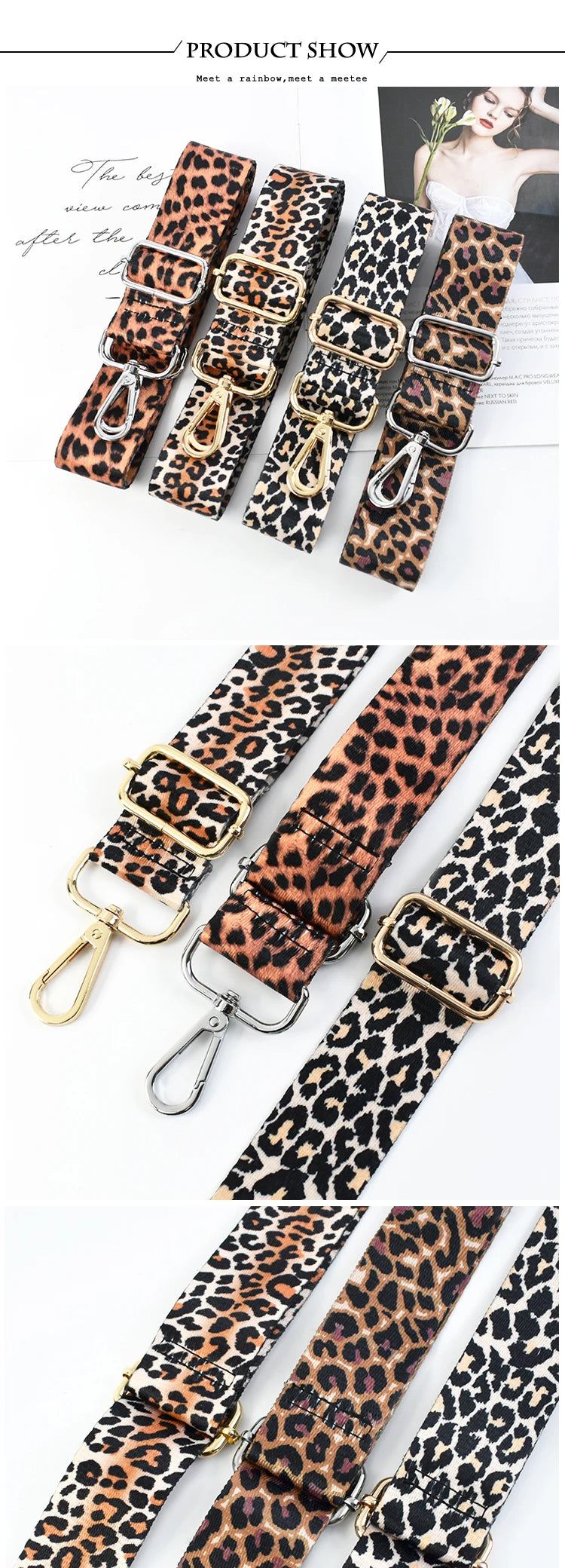 A collection of leopard print adjustable leather straps and buckles for bags shown in various angles.