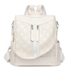 A beige leather anti-theft women's backpack with light stitching and zippered pockets.