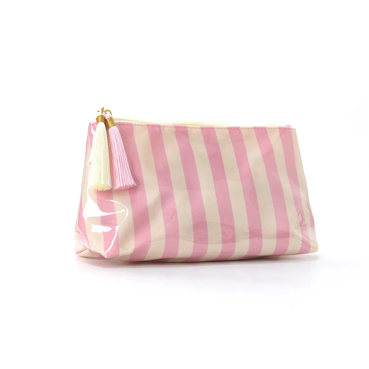 A pink and cream striped cosmetic travel pouch with a gold fringe detail.