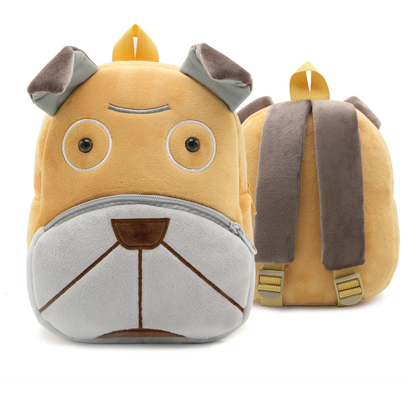 A yellow cartoon animal plush backpack with gray accents and a brown nose detail.