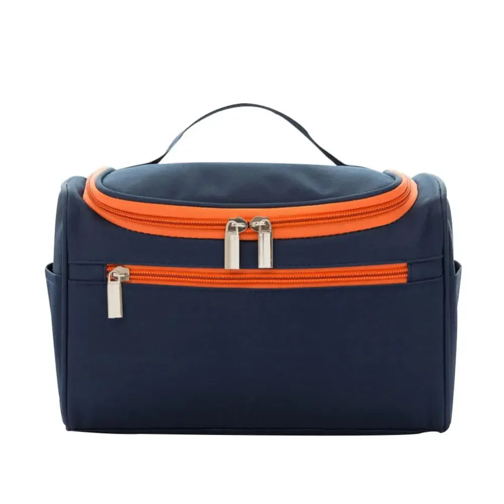 Dunkelblaue wasserdichte Aufbewahrungstasche für Make-up mit orangem Zierrand und Reißverschluss.