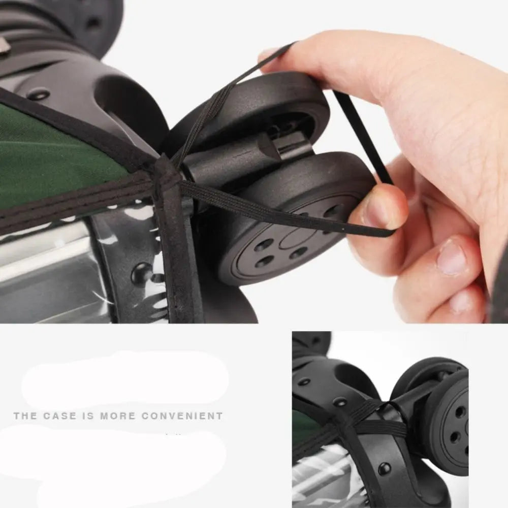 A hand is shown adjusting the black protective cover for a luggage case.