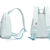 A light blue waterproof daypack is shown from the front and back, highlighting its design and straps.