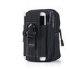 Schwarze taktische Bein-Tasche mit vertikalem Handyhalter und Riemen.