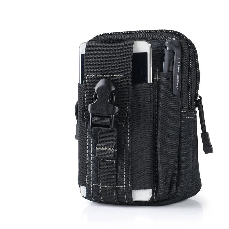 Schwarze taktische Bein-Tasche mit vertikalem Handyhalter und Riemen.