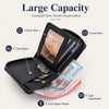 A black men's zippered multi-functional wallet showing various compartments including photo slots, card slots, coin pocket, a