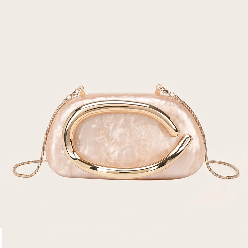 A pale pink, translucent clutch bag with a gold-tone curved flap and thin gold chain strap.