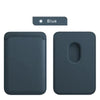 A dark blue leather card wallet for iPhone, shown in two views with a blue color selection option.