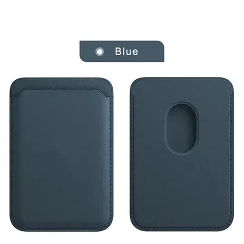 A dark blue leather card wallet for iPhone, shown in two views with a blue color selection option.