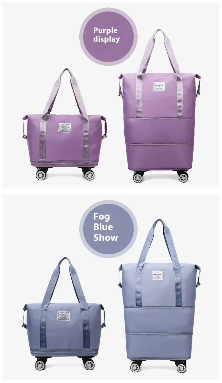 Pochettes de voyage multi-usages pliables violet et bleu, de différentes tailles avec roues