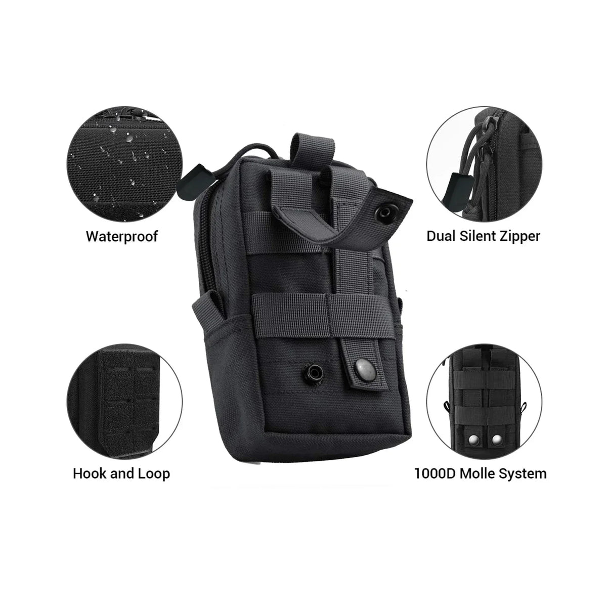 Black tactical MOLLE waist pack featuring waterproof material, hook and loop, dual silent zipper, and 1000D molle system.