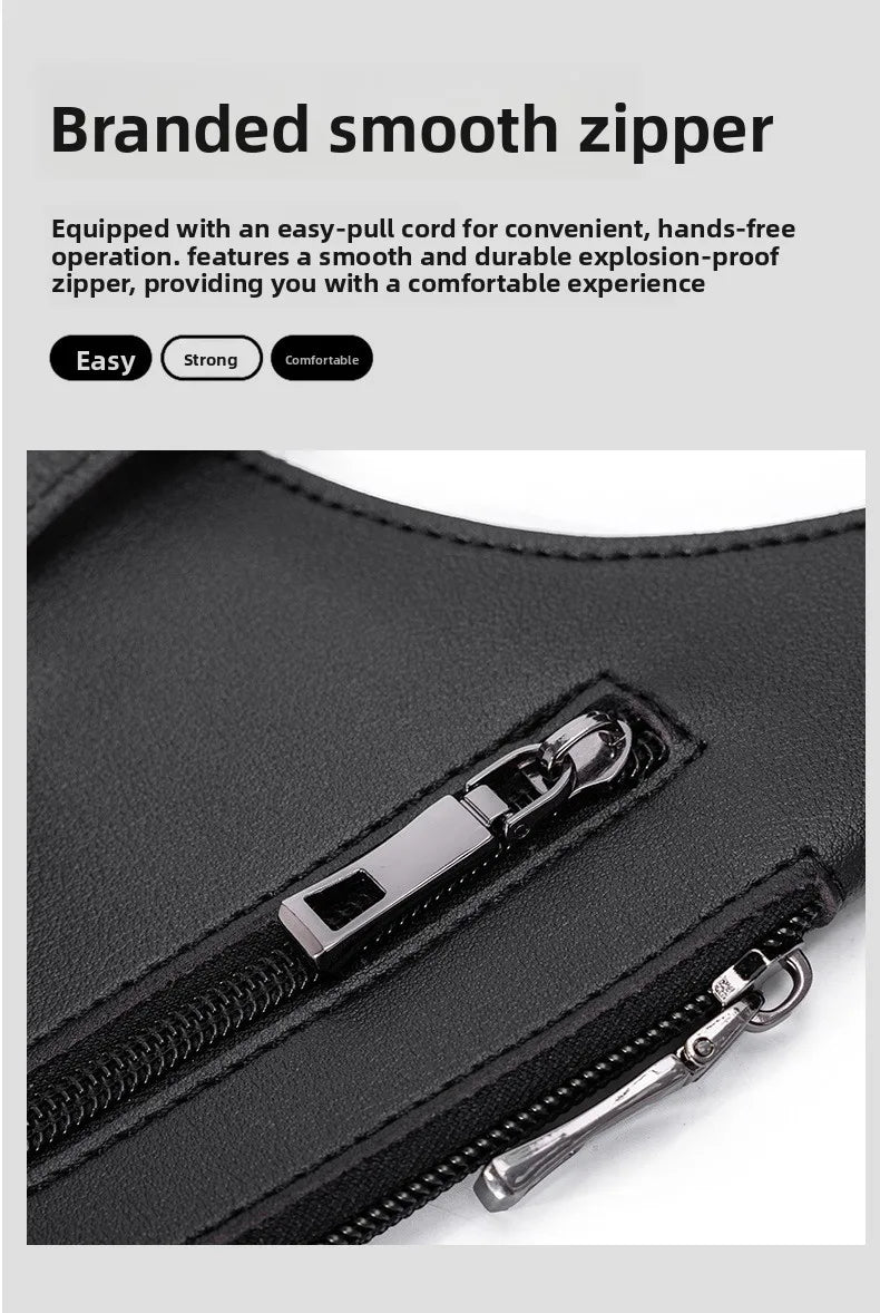 Nahaufnahme einer schwarzen Kunstleder-Doktasche mit glatter Reißverschlussdetails.