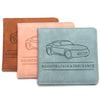 Three leather wallets in brown, pink, and blue shades featuring a car silhouette design for registration and insurance docume