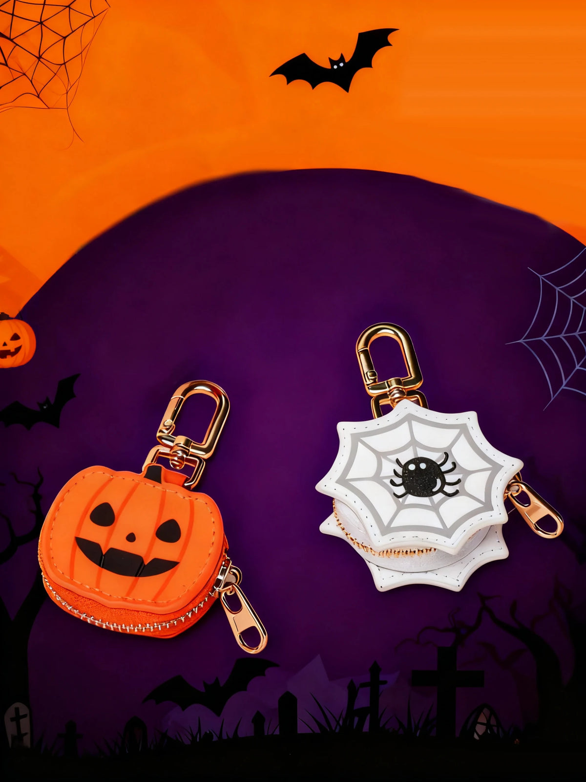 An orange pumpkin shaped mini PU leather keychain accessory with a black bat silhouette in a dark purple Halloween themed set