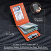An orange slim synthetic leather bifold wallet showing card slots, an ID window, and a money clip on a dark fabric background