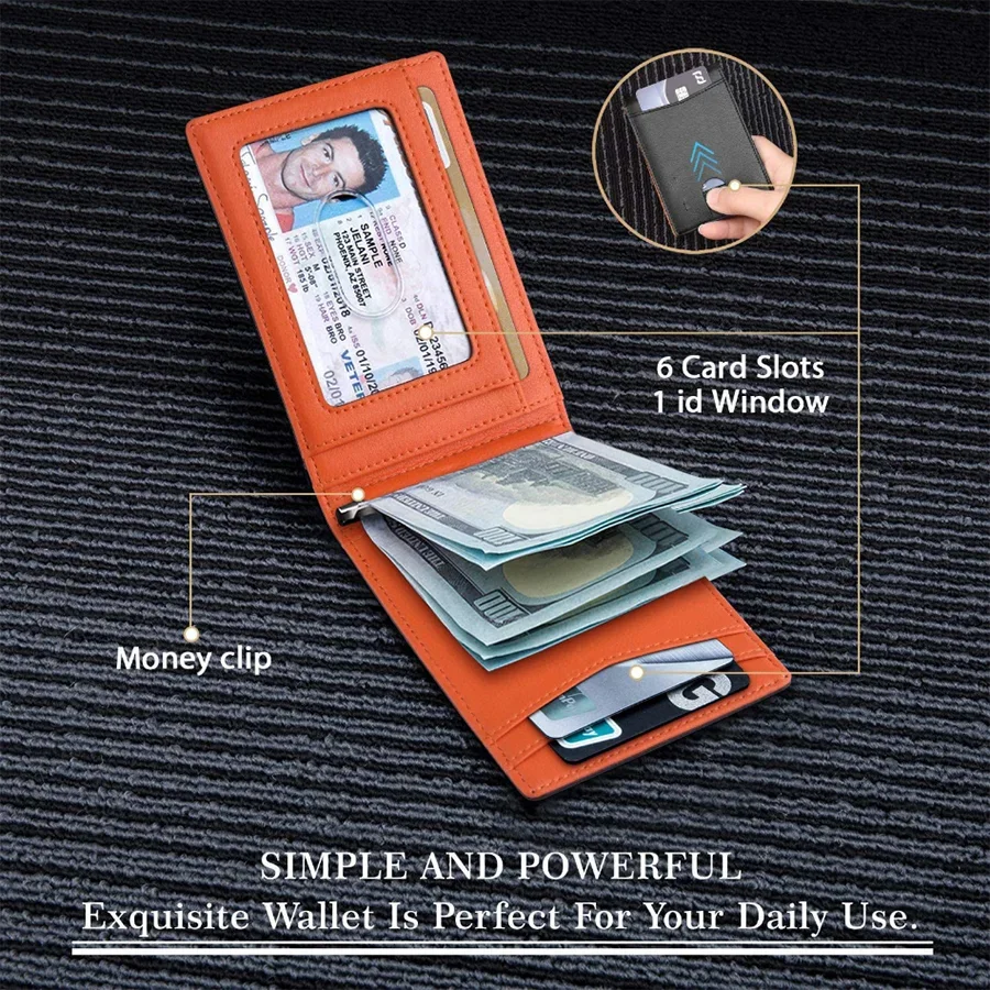 An orange slim synthetic leather bifold wallet showing card slots, an ID window, and a money clip on a dark fabric background