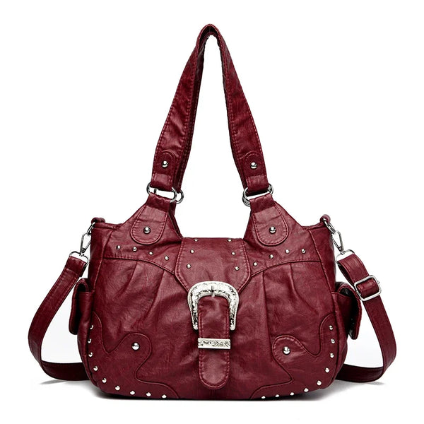A maroon vintage soft PU leather shoulder bag with silver hardware.